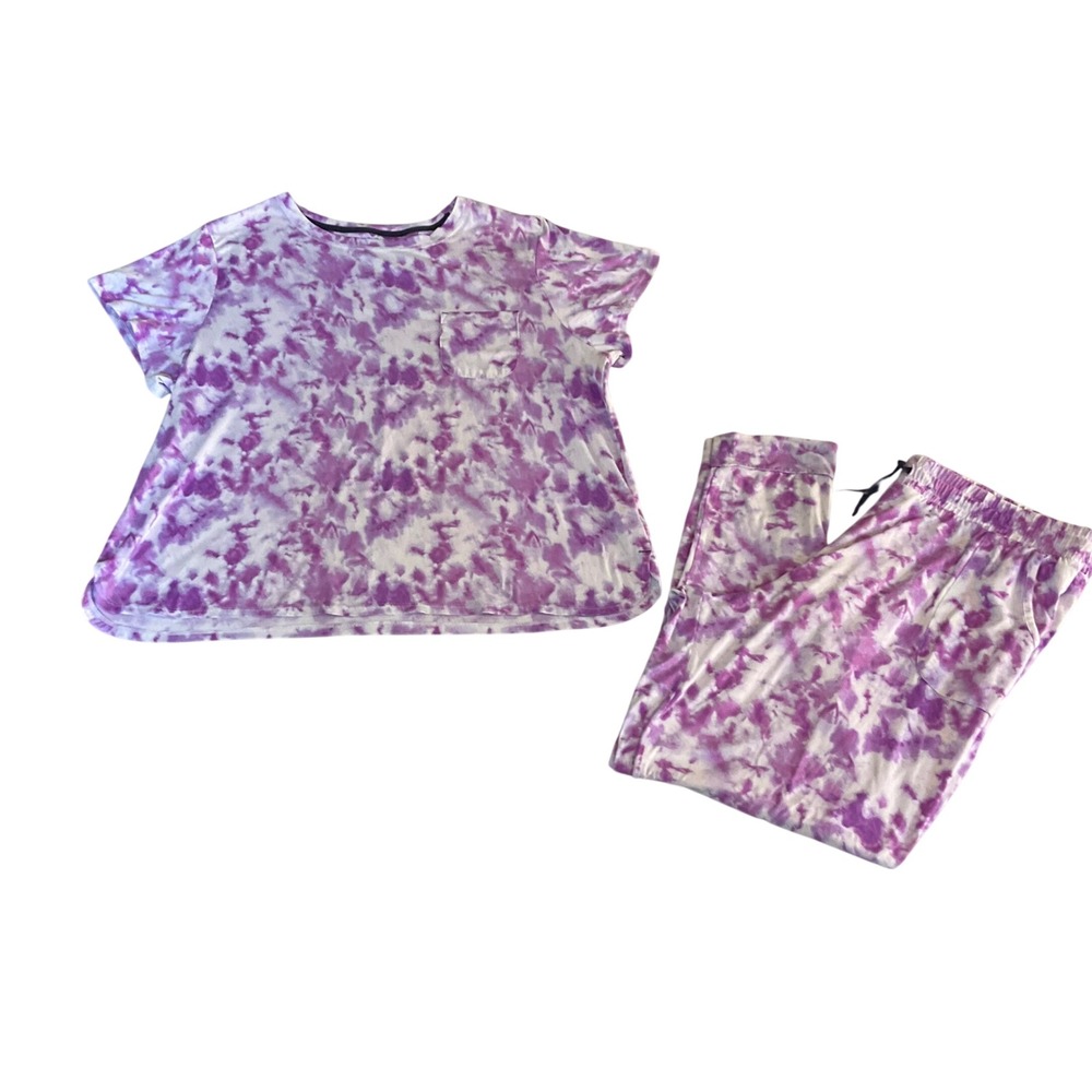 Jane and Bleecker Pajama Set Women XL Purple Tie Dye Short Sleeve Tee Joggers